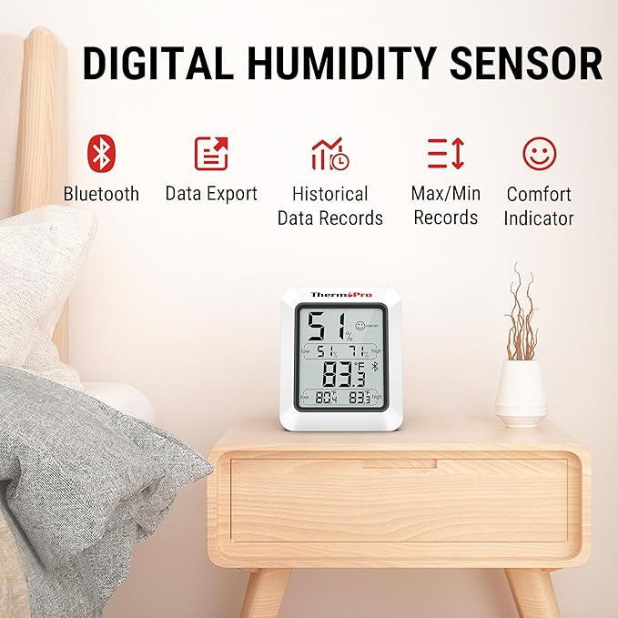 TempPro Hygrometer Thermometer for House, Bluetooth Room Indoor Greenhouse Thermometer Monitor Up to 260FT, Backlit Humidity Meter Temperature Sensor with 2-Year Data Export,2 PS(Previously ThermoPro)