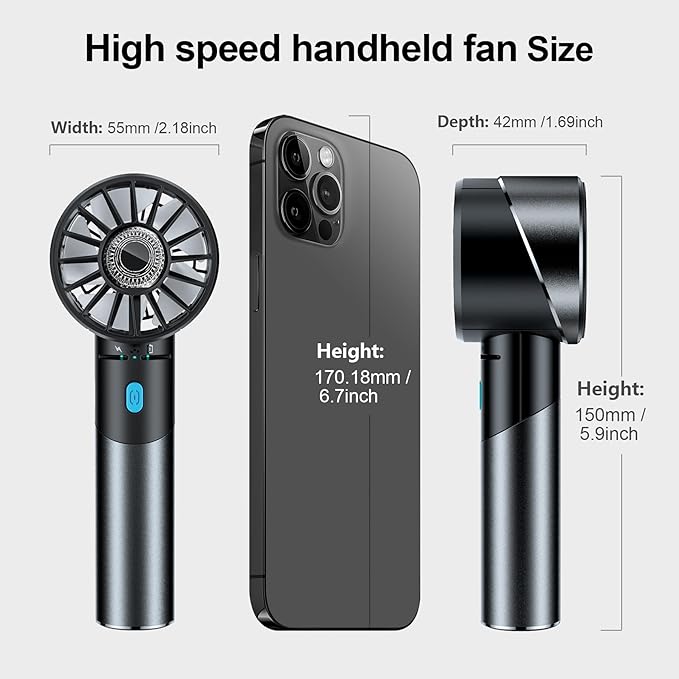 Handheld Fan, Mini Small Portable Turbo Fan, USB Type-C Rechargeable with 4 High Speeds Personal Fans, Max 16 Hours Working Time, Small Hand Fan for Travel, Camping, Office, Home, Outdoor - Grey, G3