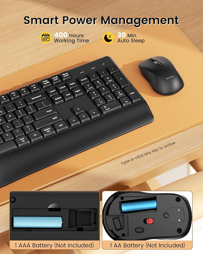 seenda Wireless Bluetooth Keyboard Mouse Combo, COE200 Ergonomic Keyboard with Wrist Rest, Silent Mouse, Multi-Device Connection, Full-Size Compatible for Windows PC Laptop Mac MacBook, Black