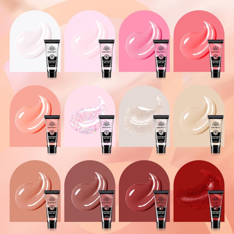 BORN PRETTY Poly Extension Gel Kit-12 Colors Extension Nail Gel Kit Nude Clear Jelly Pink All-In-1 Kit Builder Glue with Nail Lamp Base Top Coat Set Nail Forms French Manicure Ideal Gifts