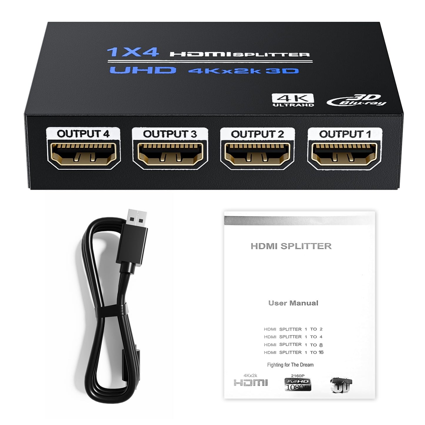 HDMI Splitter 1 in 4 Out 4K@30Hz, Powered 1x4 HDMI Video Splitter 4 Ports with Power Cord, Duplicate/Mirror Screen, Supports UltralHD 3D 1080P HDCP 1.4 for HDTV, STB, DVD, PS5/4/3, Projector, Etc