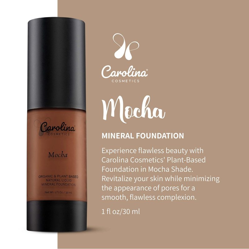 Carolina Cosmetics - Plant-Based Foundation in Mocha Shade - Hydrating, Pore-Minimizing & Buildable Coverage - Vegan, Non-GMO, Gluten-Free, Paraben-Free- Sun Protection - 1Fl Oz
