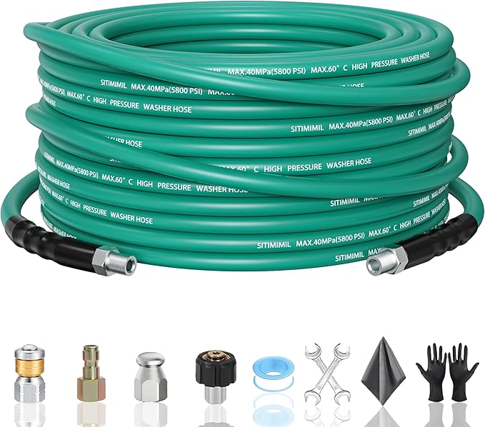 25FT Sewer Jetter Kit for Pressure Washer,1/4ââNPT Drain Cleaner Hose 5800PSI, with Adapter Corner Rotating Button Nose Sewer Jetting Nozzles Kit Pearl Corsage Pin Spanner Waterproof Tape