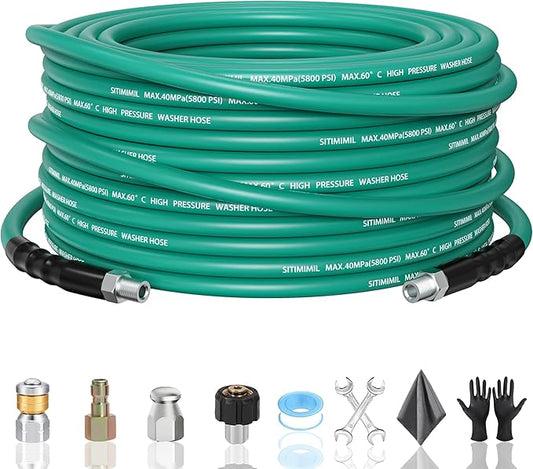 25FT Sewer Jetter Kit for Pressure Washer,1/4ââNPT Drain Cleaner Hose 5800PSI, with Adapter Corner Rotating Button Nose Sewer Jetting Nozzles Kit Pearl Corsage Pin Spanner Waterproof Tape