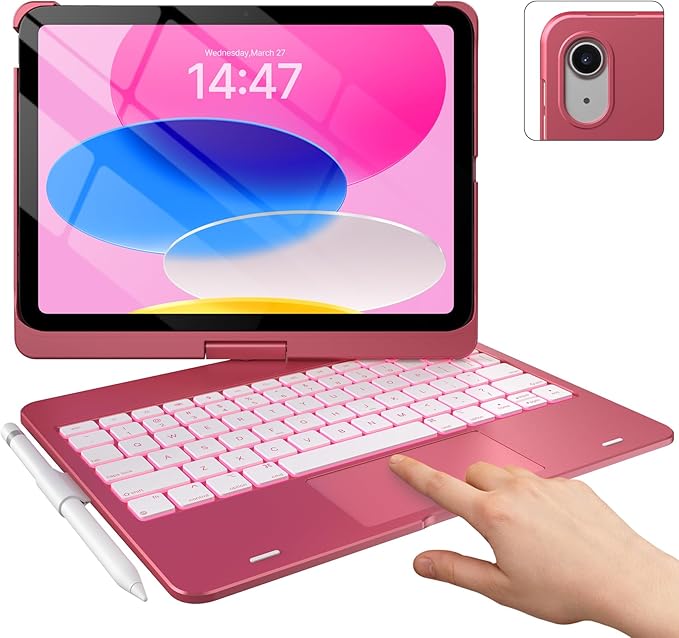 typecase Touch iPad 11th 10th Generation Case with Keyboard (11" 2025, A16 & 10.9" 2022) – 360° Rotatable, 11-Color Backlit, Multi-Touch Trackpad, Pencil Holder, Thin & Light – Pink