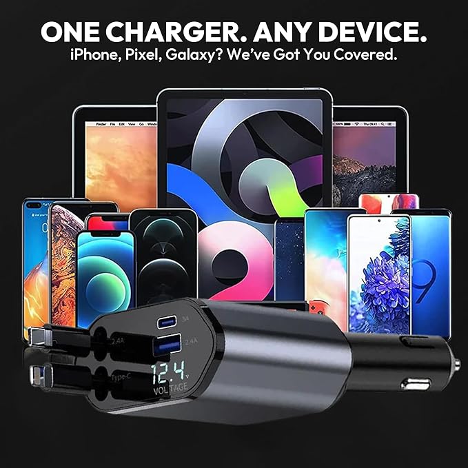 JPHASIC 120W Retractable Car Charger 4-in-1 USB-C & Lightning Cable – Fast Charging Adapter for iPhone 16/15/14, Samsung, Android | USB Type-C Port + LED Voltage Display | Multi-Device Car Charger