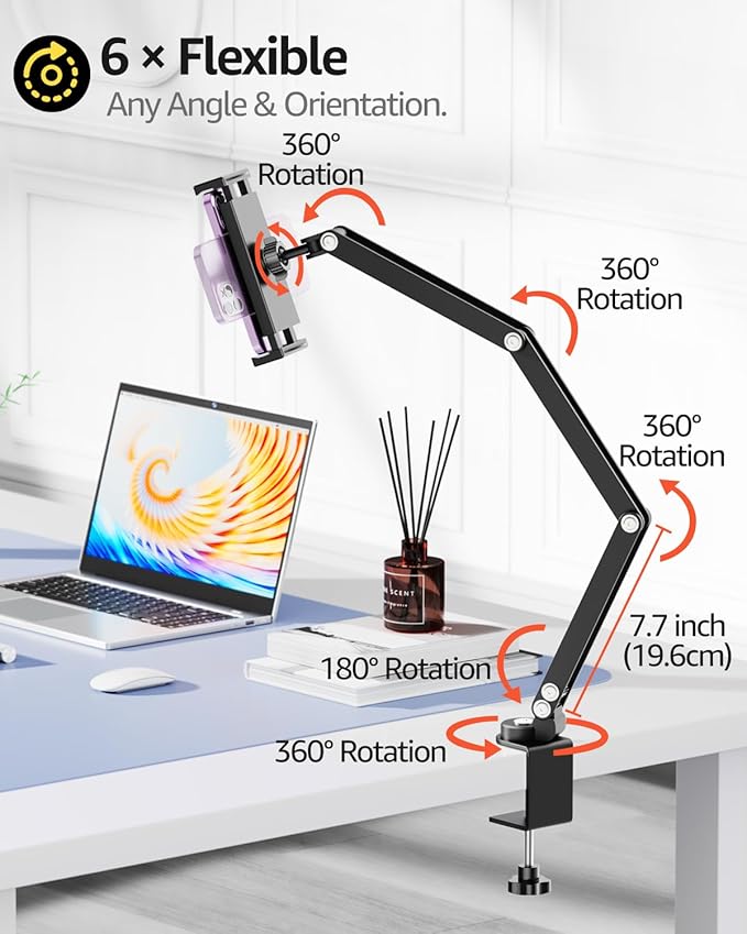 Urmust iPad Holder for Desk & Bed, Adjustable Foldable Tablet Arm iPad Holder Clamp Mount, 360° Rotation, Fits iPad Pro/Air/Mini, iPhone, Portable Monitor 4.7"–15.6" Device, Gifts for Tech Lovers