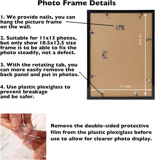 JCJMY 11x13 Black Picture Frame - Versatile Wall Mounting for Horizontal or Vertical Display | Shatter-Resistant Plexiglass