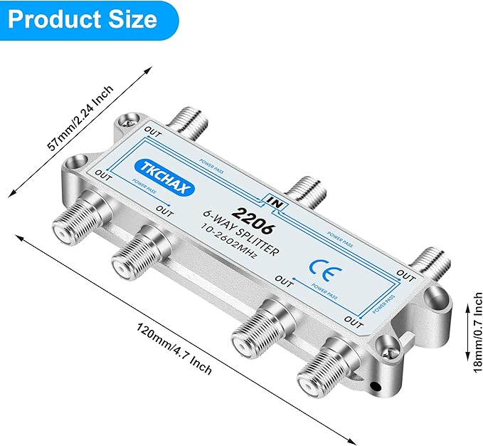 TKCHAX 6 Way Coaxial Cable Splitter,Support 10-2602MHz,RG6 RG59 Coax Compatible,Work with MoCA2.5 and MoCA3.0, CATV, Satellite TV, Antenna, HDTV and High Speed Internet