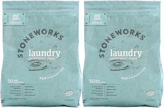 Grab Green Stoneworks Laundry Detergent Pods, 100 Count, Fragrance Free Rain Scent, Plant and Mineral Based, Cleans Deeply, Eliminates Odors, Fights Stains
