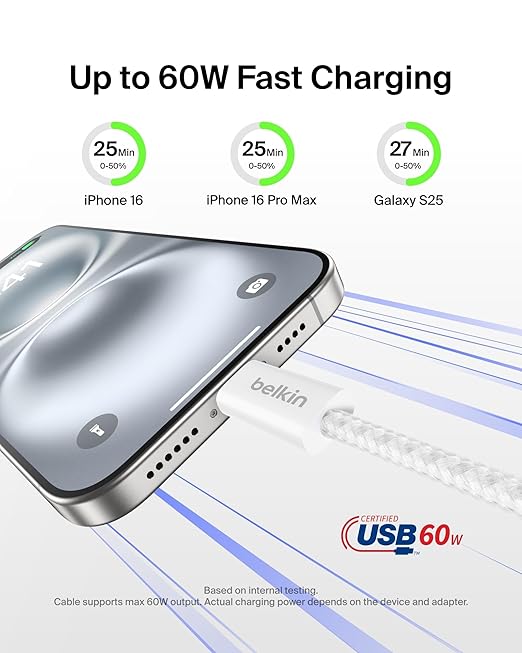 Belkin USB C to USB C Cable 2-Pack, 9.9ft, 60W - Type C Charger, iPhone Charger Cord, Soft, Braided, Flexible for iPhone 17, Galaxy S25, Pixel 10, Airpods, iPad Pro & More, Travel Essentials - White