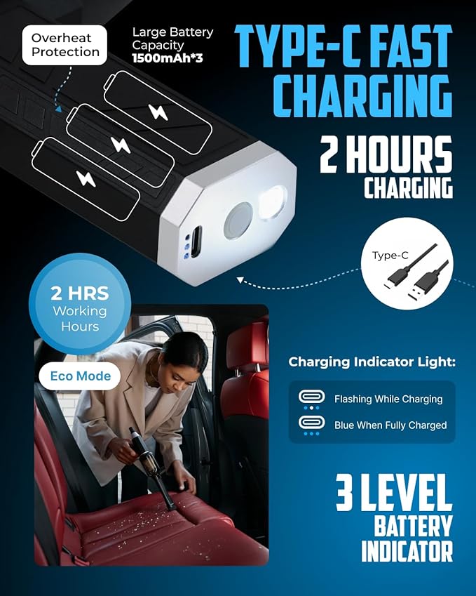 Owleys Portable Handheld Car Vacuum Cleaner with HEPA & Stainless Steel Filter, 6000–16000PA Suction, 85000 RPM Motor, 40-Min Battery Life, Cordless Mini Vacuum for Car, Home, and Office (13, Volts)