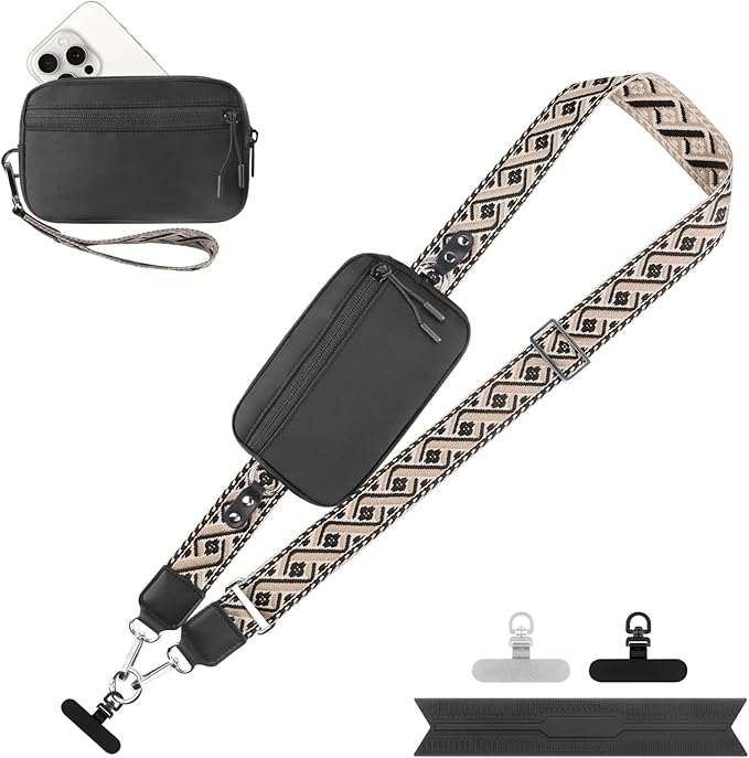 YFWE Clip and Go Strap for Phone with Wallet Crossbody, Adjustable Phone Lanyard with Detachable RFID Wristlet Wallet, Pattern Strap - Black (L)