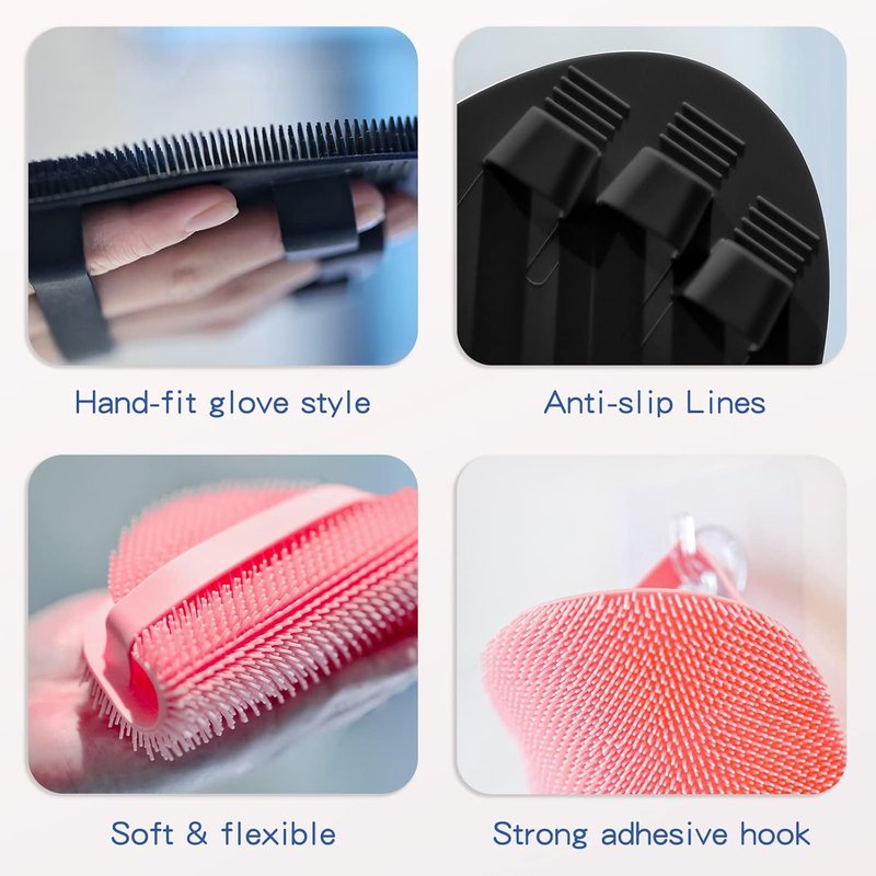 Silicone Back Scrubber Set - 8 PCS Body & Foot Cleaning Brushes | Scalp Massager & Shower Tools with 4 Hooks - Black