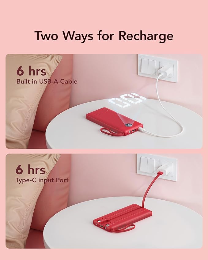 VRURC Portable Charger, Built in 4 Cables & Lanyard Power Bank 10000mAh, Compact USB C Charging Bank 5 Outputs for Multi Devices,Travel Essential for Hiking Camping Business Cruise Ship-Red(1 Pack)