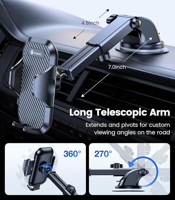 VICSEED 2026 Ultimate Sturdy Car Phone Holder [Upgraded 95+LBS Strongest Suction] Universal Long Arm Cellphone Mount for Car Dashboard Windshield Vent Truck Boat for iPhone 17 16 Pro Max & Android