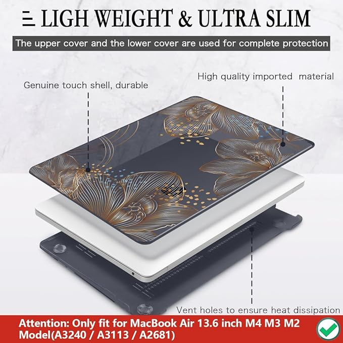 CISSOOK Gorgeous Flower Case for MacBook Air 13.6 inch M5 M4 M3 M2 2026 2025 2024 2022 Release, Hard Shell Case with Keyboard Cover +Screen Protector for MacBook Air 13 inch A3449 A3240 A3113 A2681