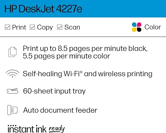 HP DeskJet 4227e Wireless All-in-One Color Inkjet Printer, Scanner, Copier, Best-for-Home, 3 Month Instant Ink Trial Included, AI-Enabled (6W7F0A)