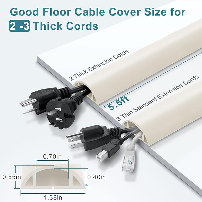 LZEOY 5.5FT Floor Cord Cover, Beige Soft Cable Cover Floor, Large Size Extension Cord Covers for Floor, Power Cord Protector Floor Wire Cover - Cord Channel Diameter: 0.7" (W) x 0.4" (H)
