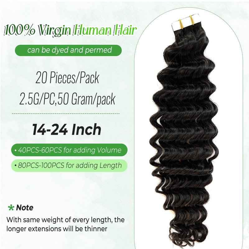 Deep Wave Tape in Hair Extensions Human Hair, Black Hair Extensions Real Remy Human Hair Curly Tape ins for Black Women, 50g/pack 20pcs Double Sided Invisible Tape Hair Extension 14 Inch