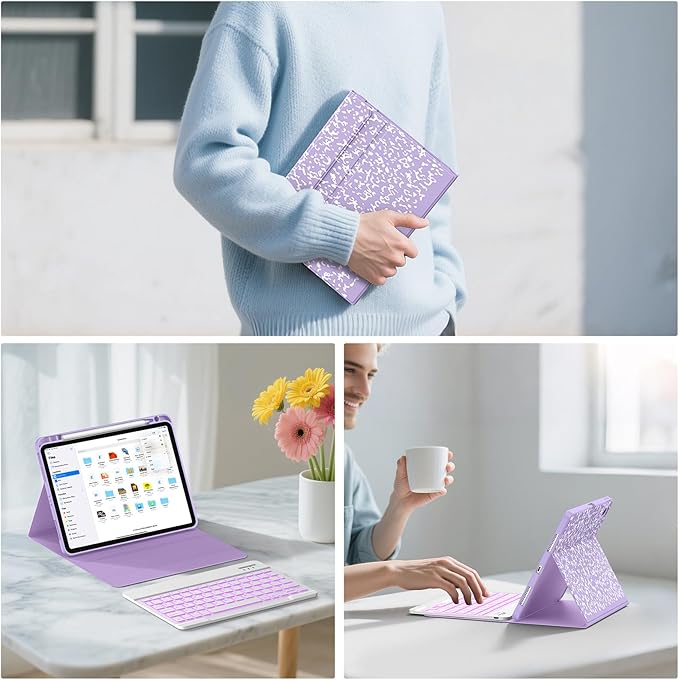 Supveco Keyboard Case for iPad Air 11 Inch (M4 2026,M3 2025,M2 2024),iPad Air 5th/4th Generation with Pencil Holder-7 Colors Backlit Wireless Detachable Folio Keyboard Cover -Lilac