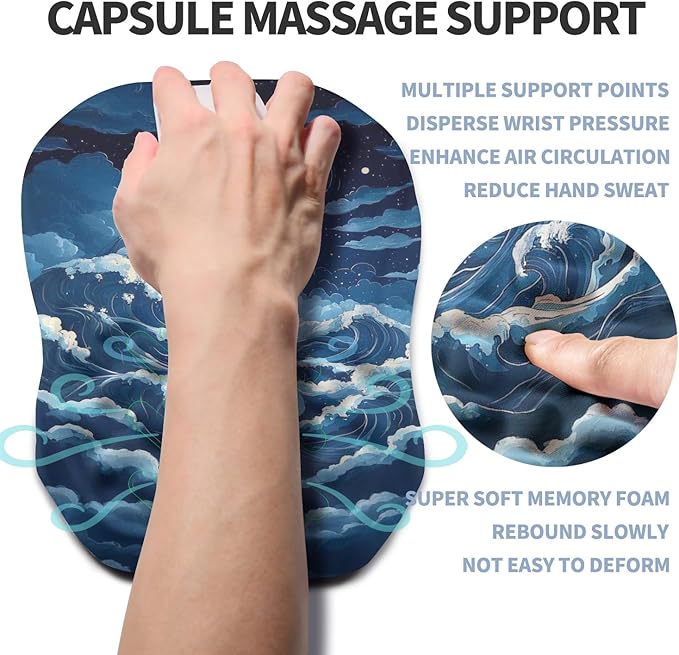 Gleamtide Ergonomic Raised Mouse Pad Wrist Support with Bilateral Slope Memory Foam Mousepad for Wrist Rest and Carpal Tunnel Pain Relief 11.8x7.9〃Indigo Fury Wave