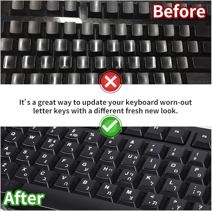 2PCS Hebrew Keyboard Stickers, Hebrew-English Keyboard Letters Replacement Sticker White Font on Black Background for Computer Laptop Notebook Desktop, Matte Keyboard Alphabet Stickers