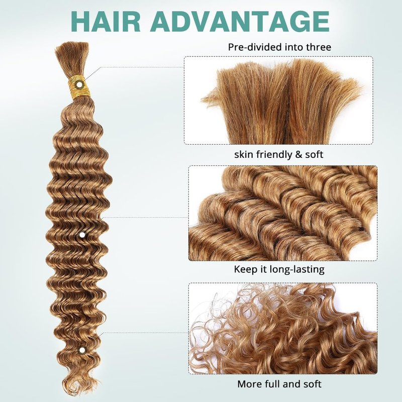 50g 20 Inch Deep Wave Bulk Human Braiding Hair Honey Blonde Human Braiding Hair for Boho Braids 1 Bundle/Pack No Weft Color 27# 100% Brazilian Human Braiding Hair Extensions for Micro Braiding
