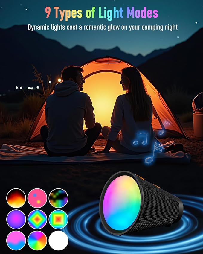 Gladorn Portable Bluetooth Speaker Wireless with 9 Color Lights, 20H Playtime, Stereo Pairing, Deep Bass, IPX6 Waterproof, Bluetooth 5.3, Small Speaker for Home, Party, Outdoor, Camping, Beach, Gift