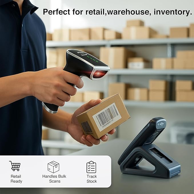 Scanmarker 1D/2D Barcode Scanner Wireless – Boost Speed & Accuracy with Bluetooth Barcode Scanner & 2.4G Modes – Handheld QR & Wireless Barcode Scanner with Charging Stand for Laptop, iOS & Android