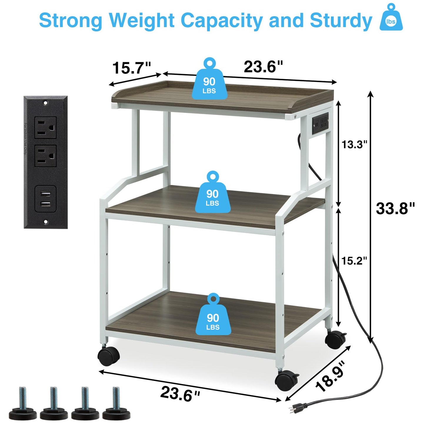 Lauren&Harold 34'' Printer Stand with Power Outlets & USB Ports, 3-Tier Adjustable Rolling Cart, Heavy Duty 150LBS Storage Table with Wheels for Office, Kitchen, Living Room, Grey/White