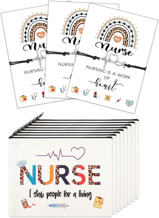 Nurse Appreciation Gift Set - 32 Pcs Canvas Makeup Bags & Blessing Card Bracelets | Perfect for Nurse Week & Christmas