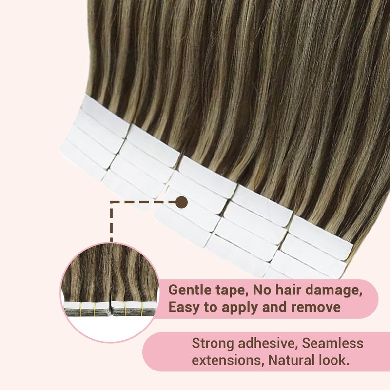 GEELOOK Tape in Hair Extensions Human Hair 18inch Skin Weft Straight Thick Natural with 12 Pieces Replacement Tape 20pcs 50g Chocolate Brown mixed caramel blonde #4/27/4