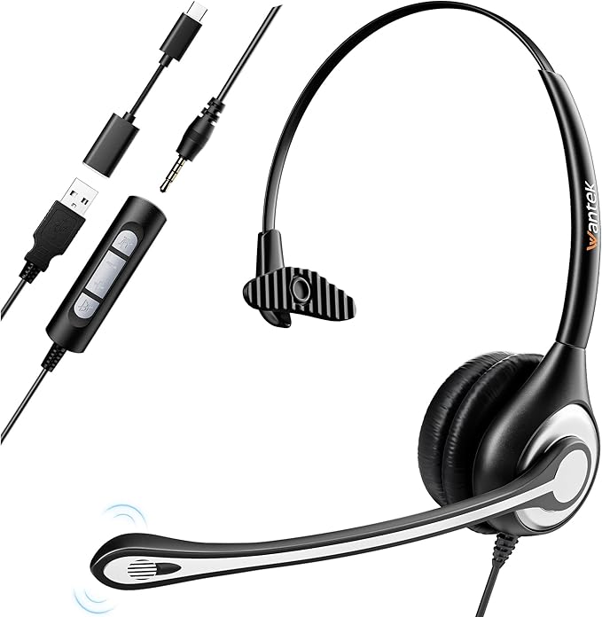 Wantek Headset wtih Mic, USB Headset with Microphone for PC, Computer Headset with Noise Canceling Microphone with Mute for Home Office Online Skype Zoom Meetings