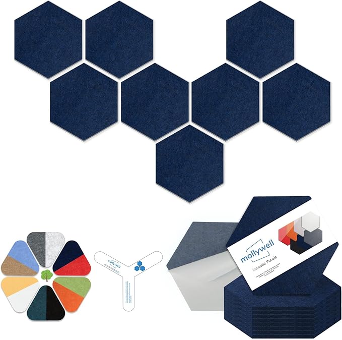 Mollywell Hexagon Acoustic Panels, Deep Blue, 8 Pack, 14x12 in