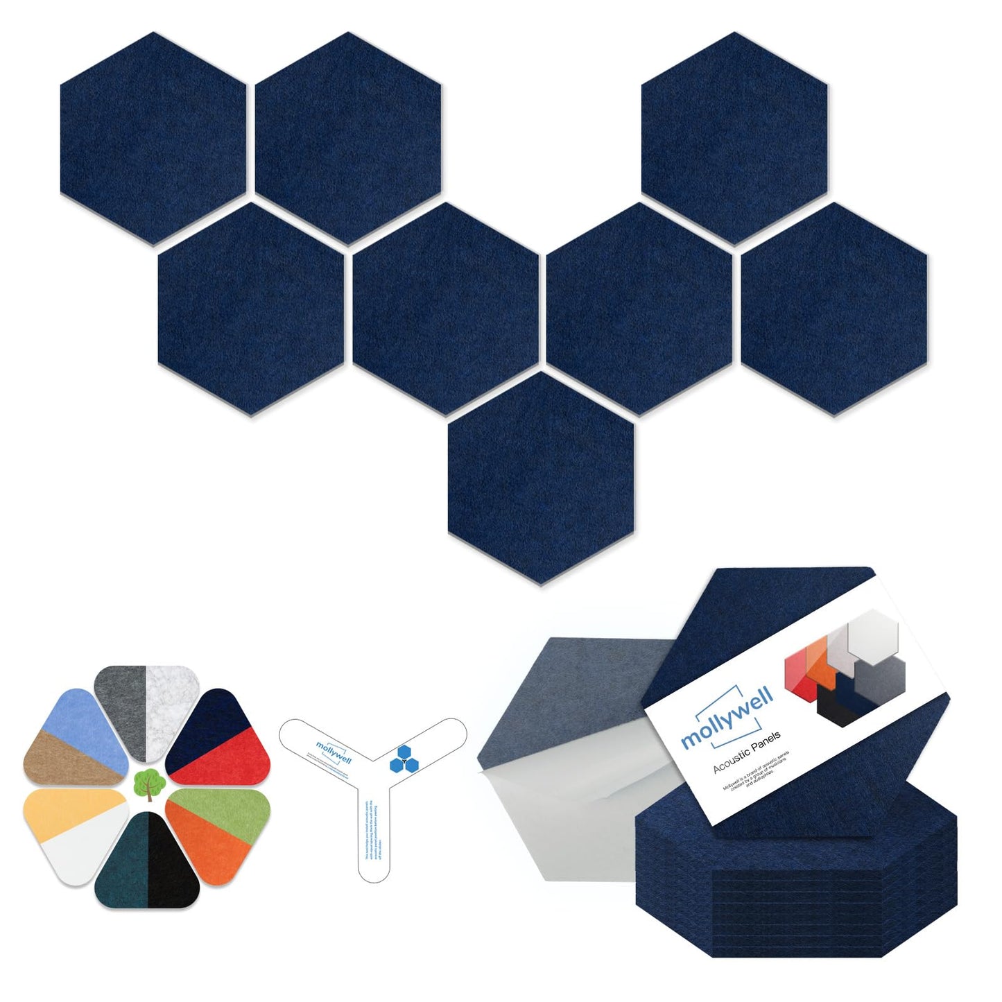 Mollywell Hexagon Acoustic Panels, Deep Blue, 8 Pack, 14x12 in