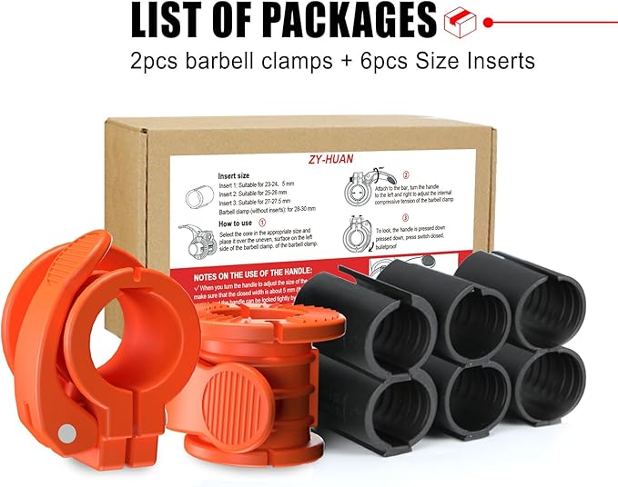 ZY-HUAN Barbell Clips 1 inch Barbell Clamps 0.9-1.18inch Quick Release Weight Clips for Bars Multi-Size Adjustable Olympic Barbell Clamps (Orange)