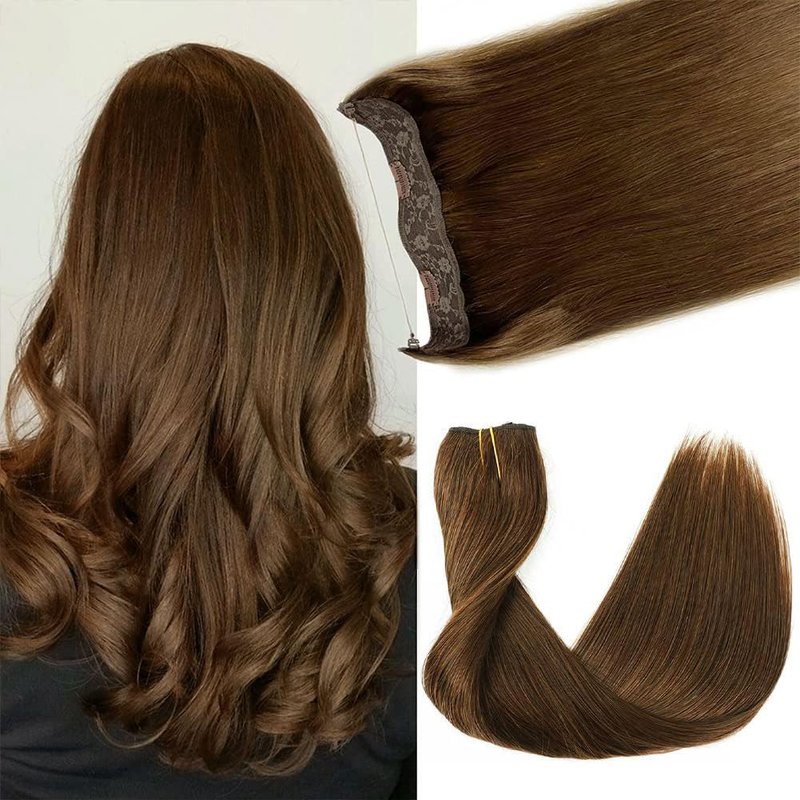 Real Human Hair Extensions - 12 Inch Chocolate Brown Straight Hair with Hidden Wire and Transparent Fish Line