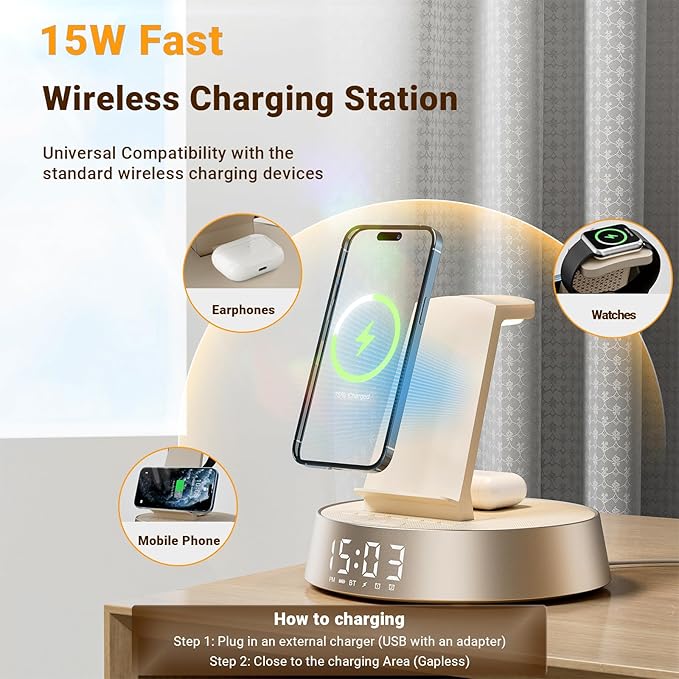 Alarm Clock with Wireless Charging Station, Clock for Bedroom with Dimmable Night Light Bluetooth Speaker, Wireless Charger Dock Station for iPhone 16 15 14 13 12 11 Pro Max, Apple Watch