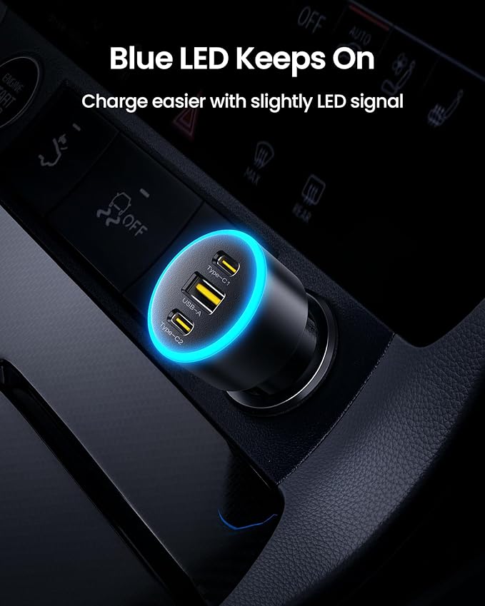 PISEN 60W USB C Car Charger - Car Phone Charger Adapter PD30W & QC3.0 Fast Charging, Car USB Charger Multi Port, Cigarette Lighter USB Charger, Car Charger with LED for iPhone 17/16/15/14/13/12 Series