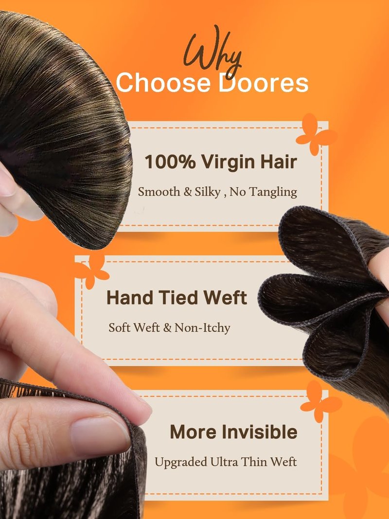 DOORES Genius Sew in Weft Hair Extensions Hand Tied Extensions, 14 Inch Light Dark Brown 40g, Sew in Human Hair Extensions Short