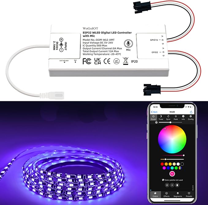WeGoIOT ESP32 Ultra-Thin WLED Digital Light Strip Controller with Mic Sound Mode DC5-24V RGB IC Digital Dynamic Light WS2811 WS2812B SK6812 SM16703P Flexible DIY FCOB Addressable LED Strip