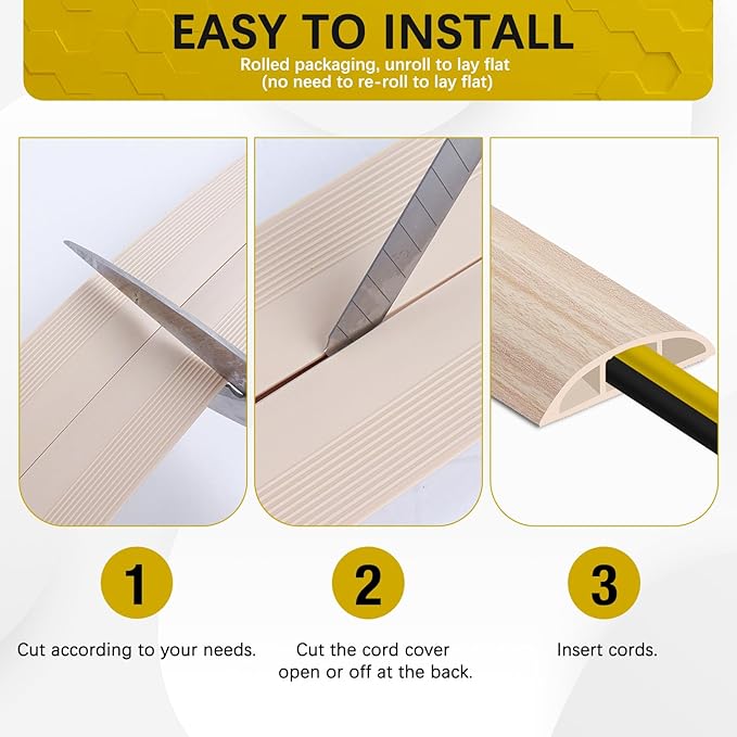 JAHOMFAI Floor Cord Cover 3.3FT Cord Covers for Wires on Floor Protect Wires & Prevent Trip Hazards, Easy to Cut for Home, Office, School, Concerts, Cavity W0.6in x H0.32in
