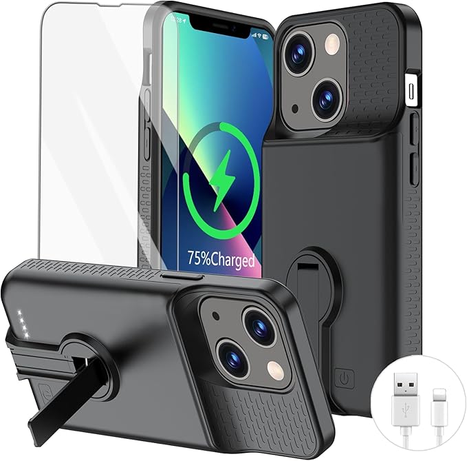 GIN FOXI Battery Case for iPhone 13/13 Pro/14/14 Pro Rechargeable Charging Case with Stand 7000mAh Ultra-Slim Anti-Fall Protection Extended Charger Cover for 14/14Pro/13/13 Pro 6.1" Black