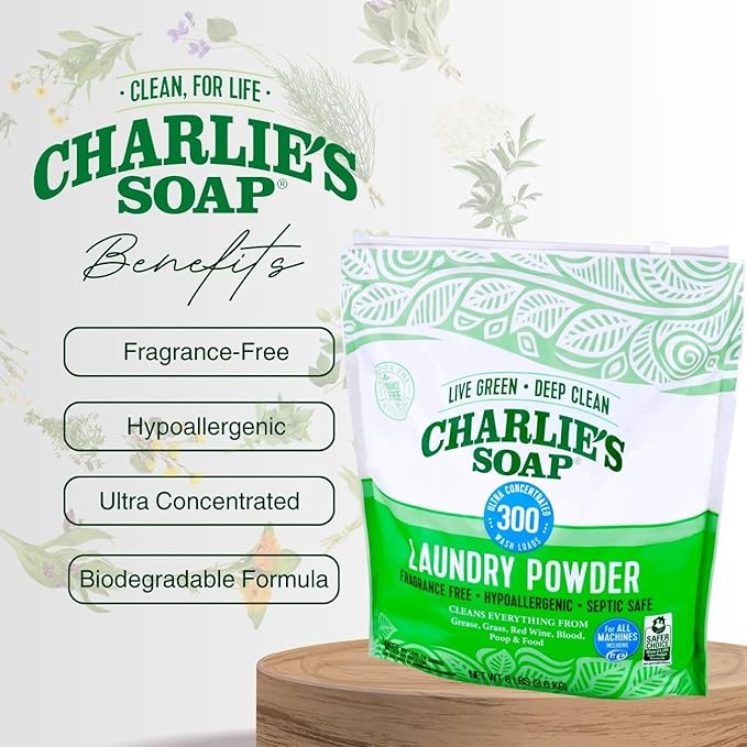 Charlieâs Soap Laundry Powder (300 Loads, 4 Pack) Fragrance Free Hypoallergenic Plant Based Deep Cleaning Laundry Powder â Biodegradable Eco Friendly Sustainable Laundry Detergent