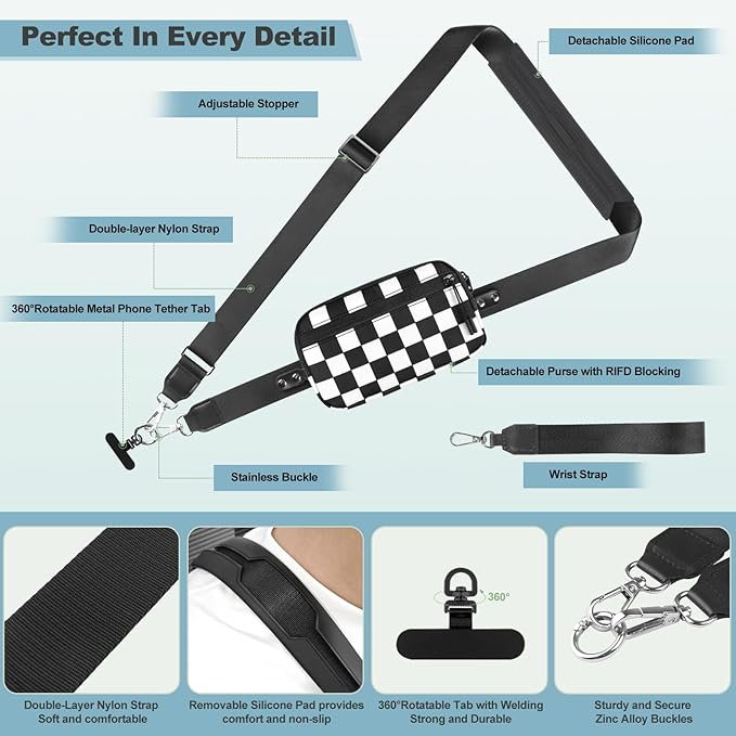 YFWE Clip and Go Strap for Phone with Wallet Crossbody, Adjustable Phone Lanyard with Detachable RFID Wristlet Wallet, Phone Strap with Phone Tabs for All Phones, Black Checkered (L)