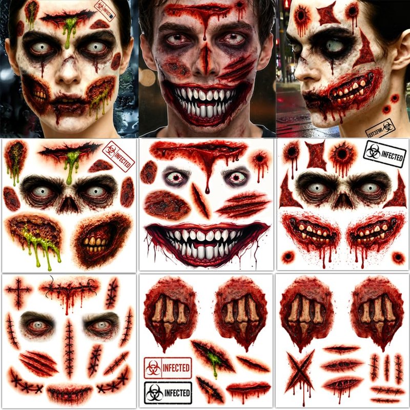Halloween Zombie Tattoos Kit – 6 Sheets (4 Zombie Tattoos + 2 Wound Tattoos) – Fake Scars Temporary Tattoos for Adults, Women, Men – Realistic Zombie Makeup Kit, Scary Halloween Makeup Accessories (A)