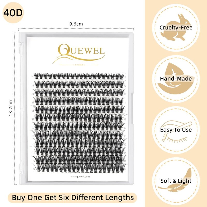 QUEWEL Cluster Lashes - 240 Pcs Individual 40D 0.07D Curl Mix 8-14mm Soft & Natural Eyelash Extensions for DIY Home Use