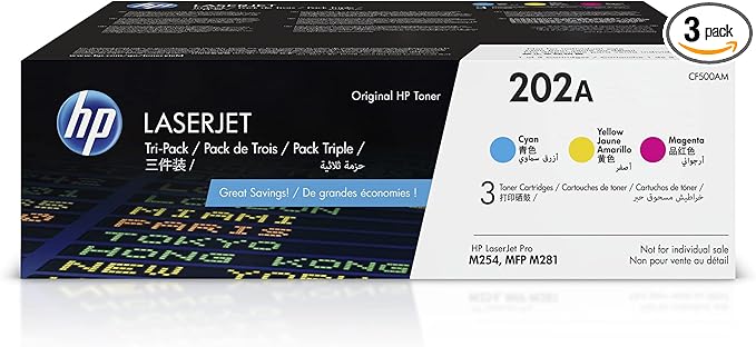 HP 202A Cyan, Magenta, Yellow Toner Cartridges Printers (3-Pack) | Works with Color LaserJet Pro M254, Color LaserJet Pro MFP M281 Series | CF500AM