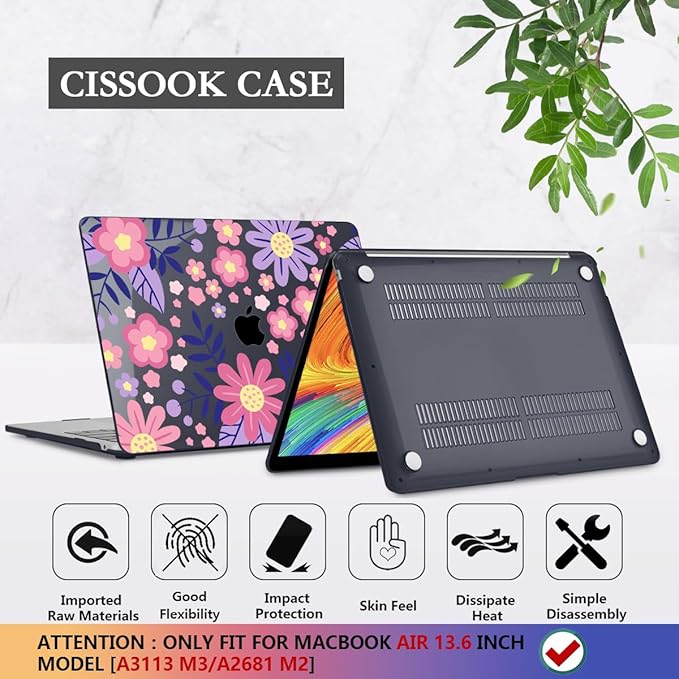 CISSOOK for MacBook Air 13 inch M5 M4 M3 M2 Case 2026 2025 2024 2023 2022, Hard Shell Case Keyboard Skin Screen Protector for MacBook Air 13.6 A3449 A3240 A3113 A2681, Stylized Flowers